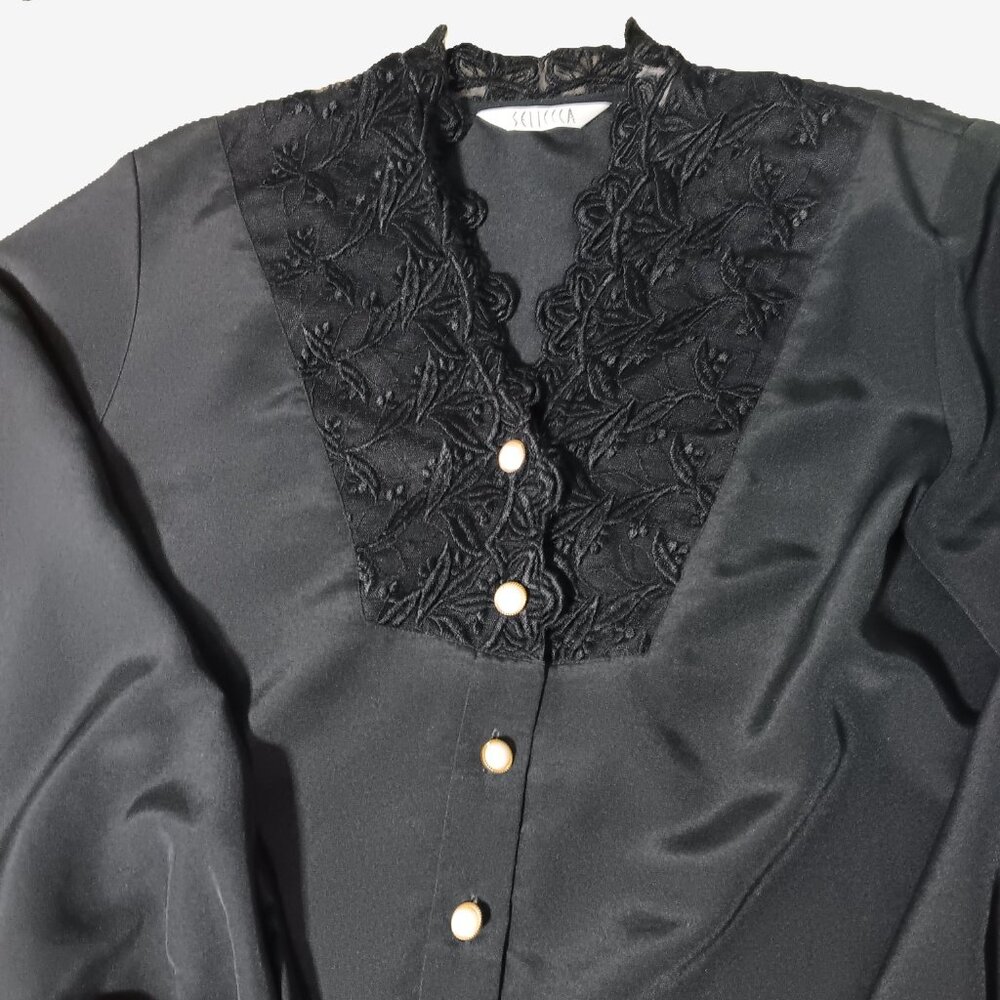 Vintage Black Satin & Lace with white buttons Sellecca brand blouse, size 8 - Picture 3 of 9